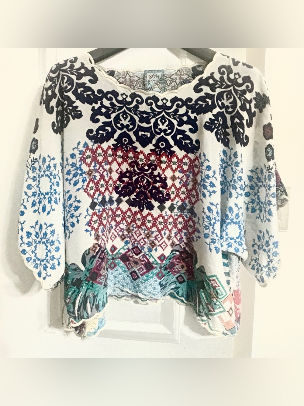 Johnny Was 100% Silk Boho Embroidered Multi-Color Tunic Top Size Large